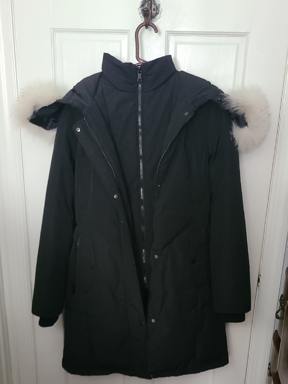 1 Madison Black Puffer Coat with White Faux-Fur Trim